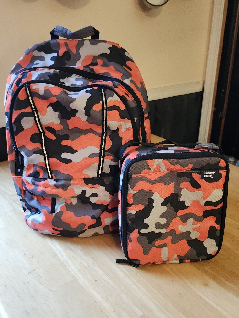 Lands' End Classmate Backpack Orange Camo Medium & Lunchbox Set GUC